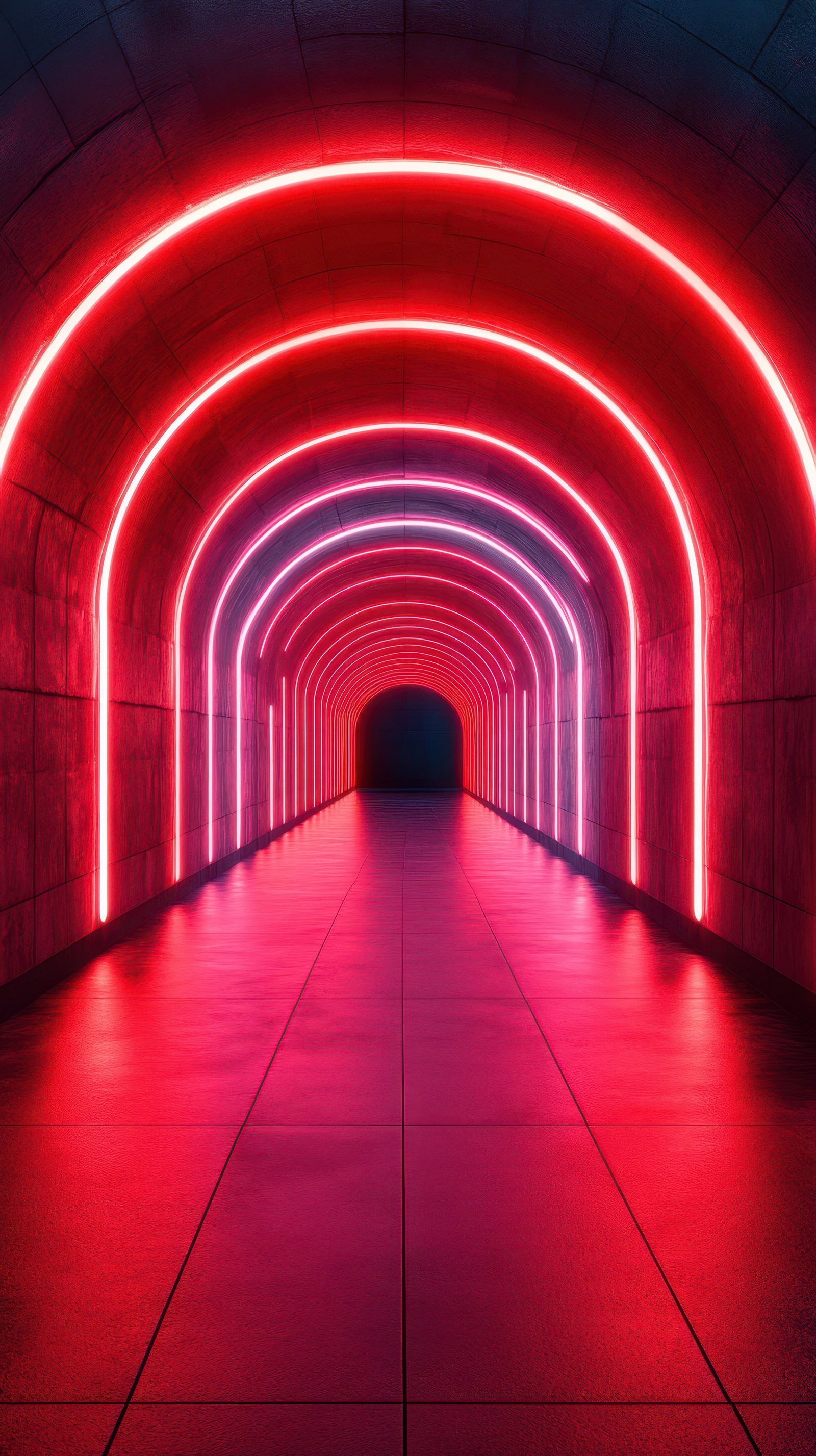 Vivid neon lights illuminate a modern tunnel creating a mesmerizing atmosphere in a contemporary urban space